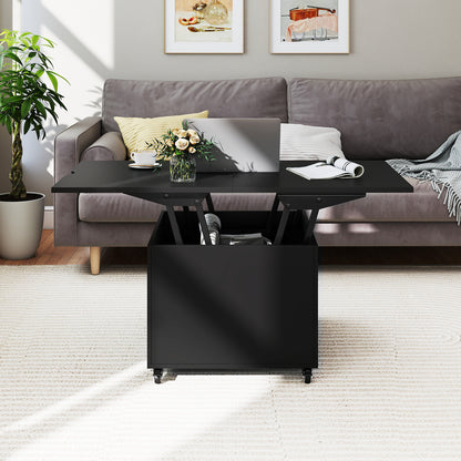 3-In-1 Lift Top Coffee Table with Hidden Storage Drawers and 360° Lockable Wheels-Black