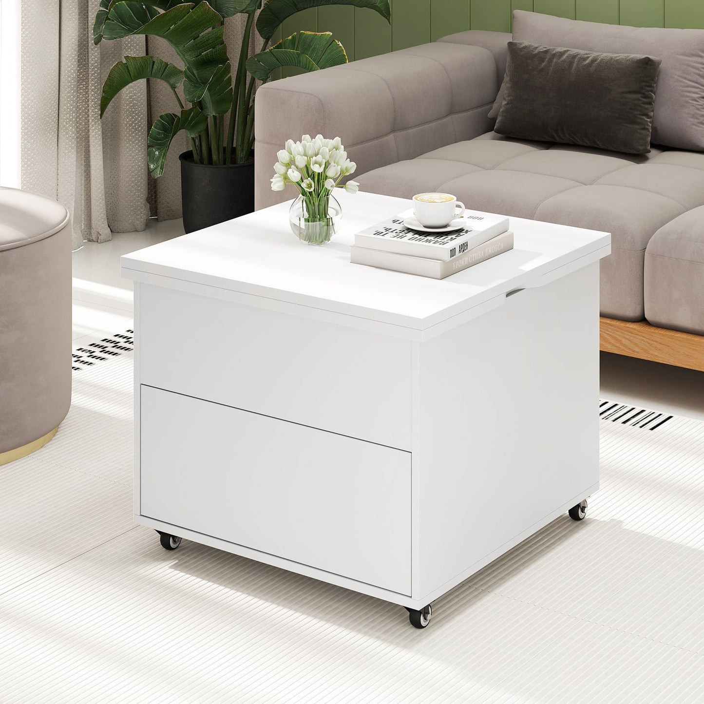 3-In-1 Lift Top Coffee Table with Hidden Storage Drawers and  360° Lockable Wheels-White