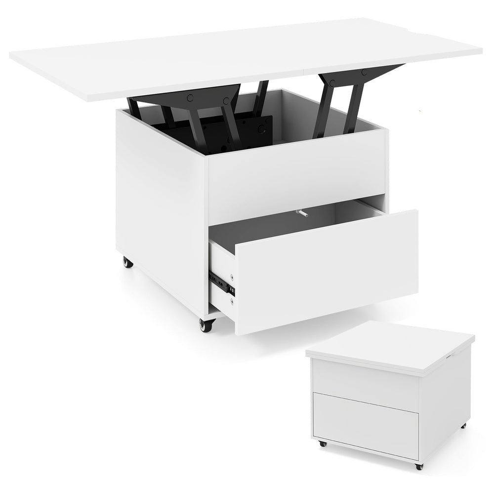 3-In-1 Lift Top Coffee Table with Hidden Storage Drawers and  360° Lockable Wheels-White