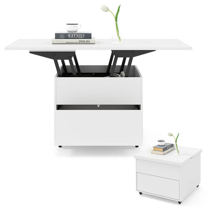 3-In-1 Lift Top Coffee Table with Hidden Storage Drawers and  360° Lockable Wheels-White