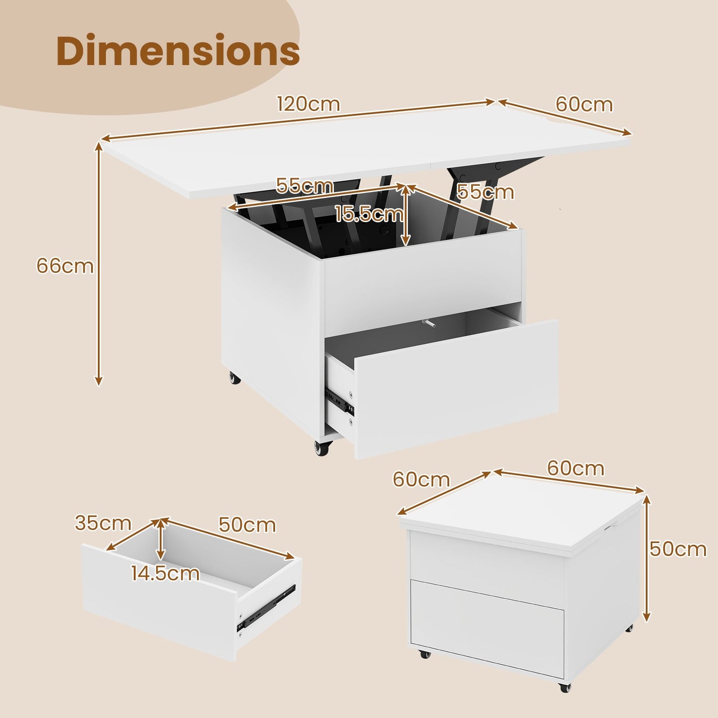 3-In-1 Lift Top Coffee Table with Hidden Storage Drawers and  360° Lockable Wheels-White