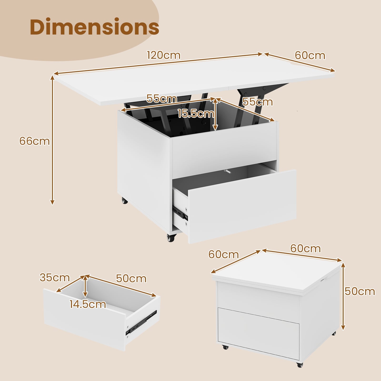 3-In-1 Lift Top Coffee Table with Hidden Storage Drawers and  360° Lockable Wheels-White