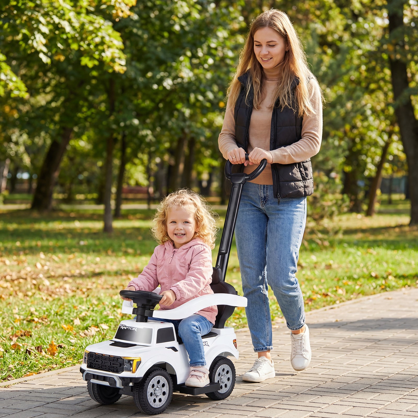 3-In-1 Push Car for Toddlers Licensed Ford with LED Headlights-White