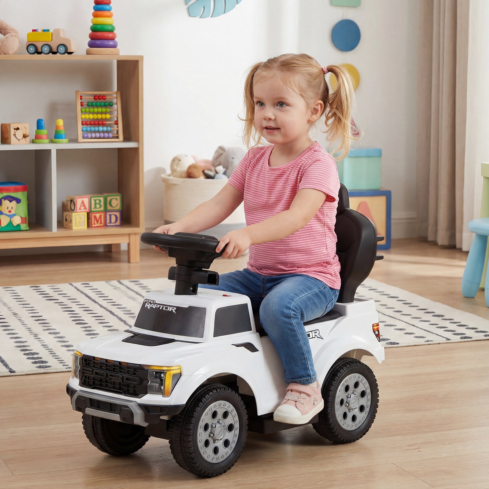 3-In-1 Push Car for Toddlers Licensed Ford with LED Headlights-White