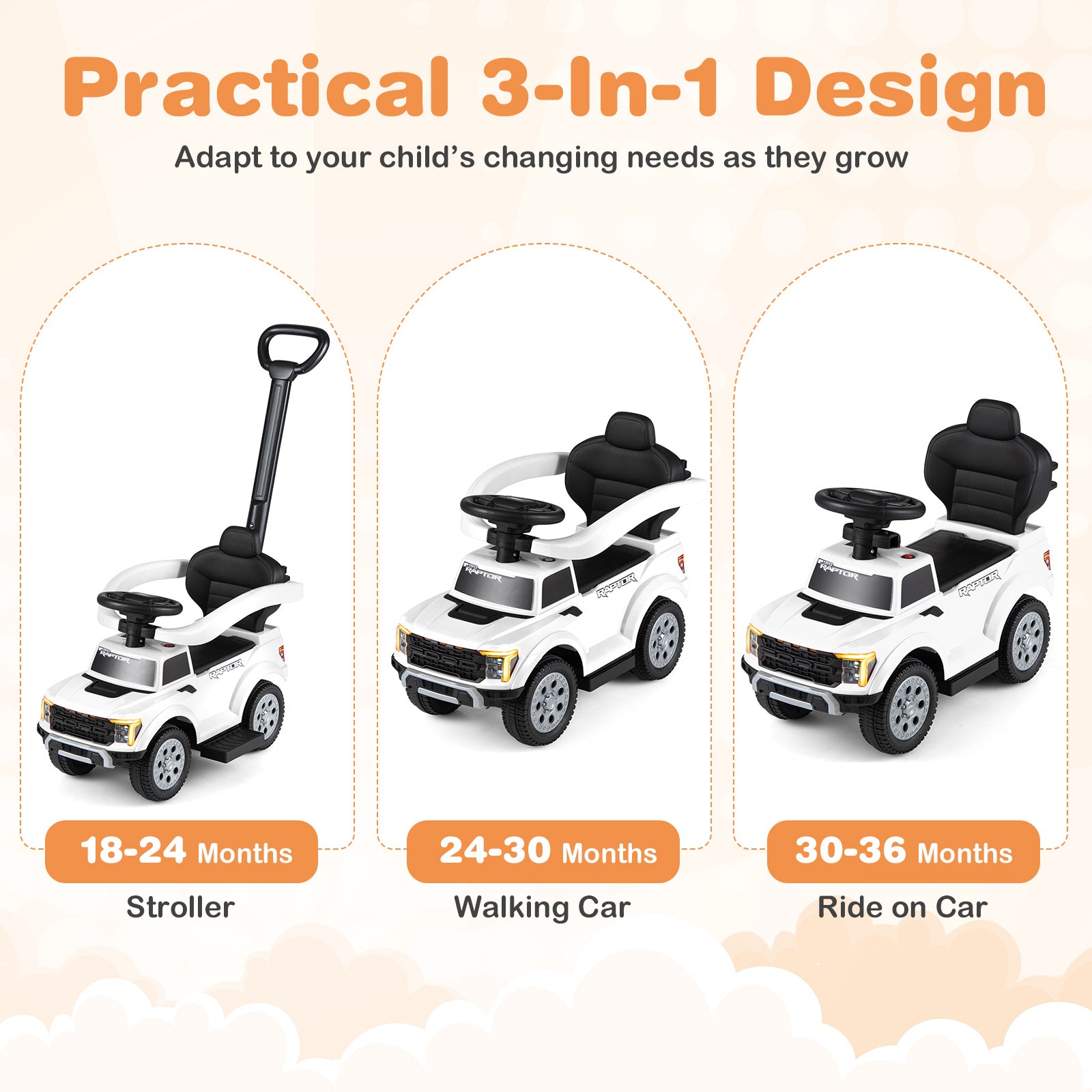 3-In-1 Push Car for Toddlers Licensed Ford with LED Headlights-White