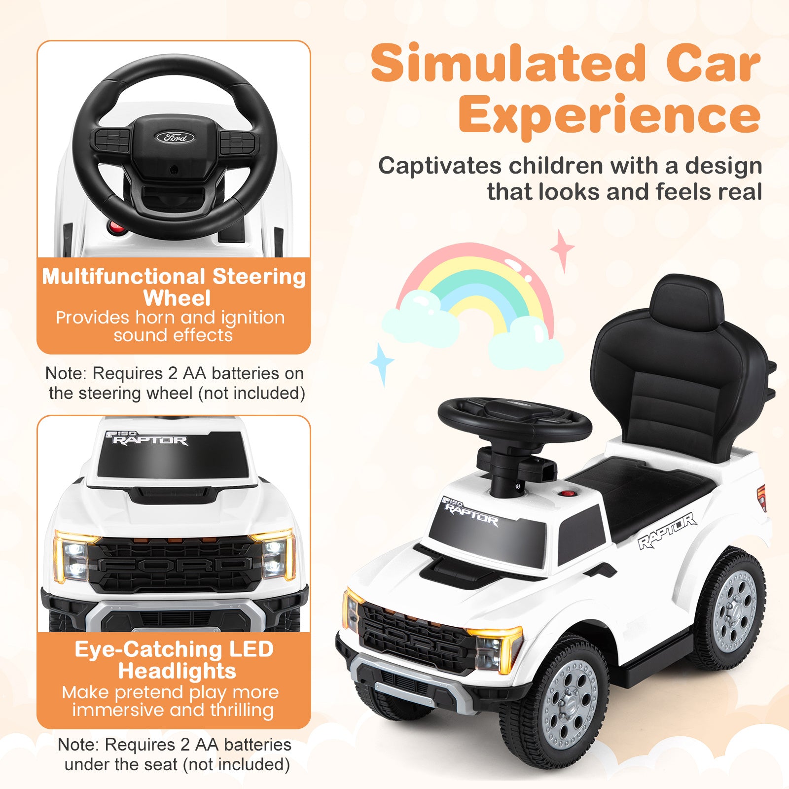 3-In-1 Push Car for Toddlers Licensed Ford with LED Headlights-White