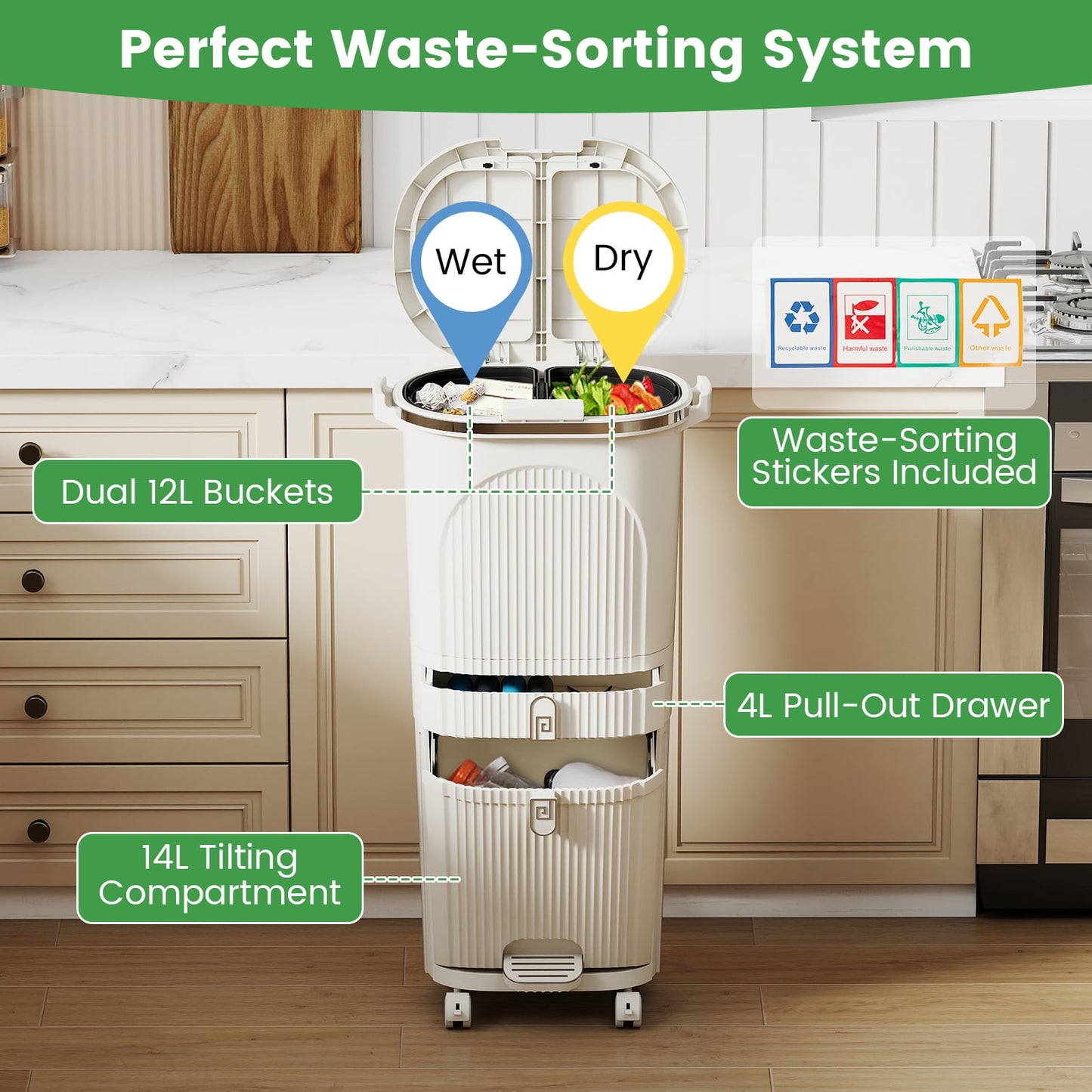 3-Layer Sorting Trash Bin with 2 Removable Buckets-Beige
