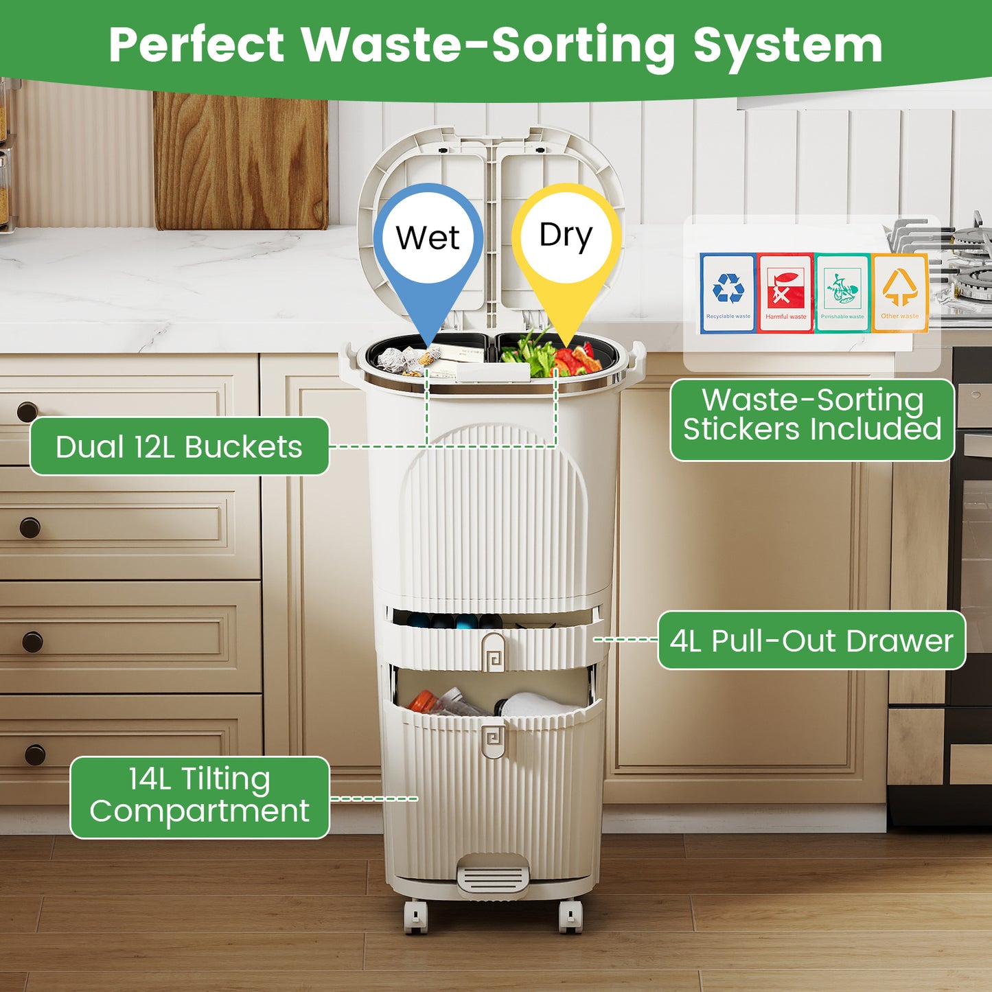 3-Layer Sorting Trash Bin with 2 Removable Buckets-Beige