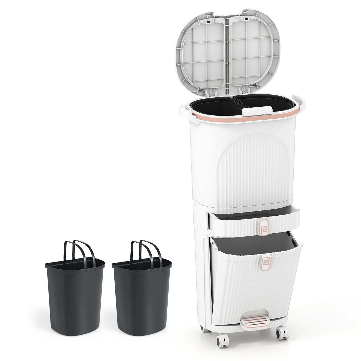 3-Layer Sorting Trash Bin with 2 Removable Buckets-White