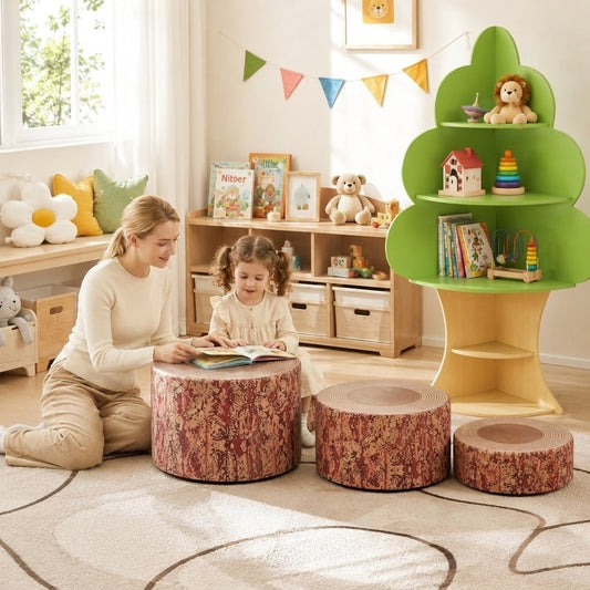 3 PCS Tree Stump Stool Set and Kids Tree Bookshelf Bundle