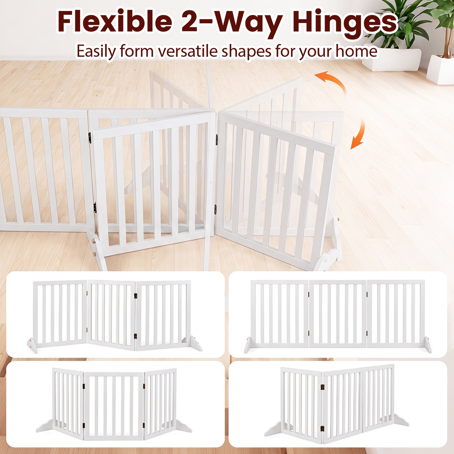 3-Panel Foldable Pet Fence with Support Feet and Flexible 2-Way Hinges-White