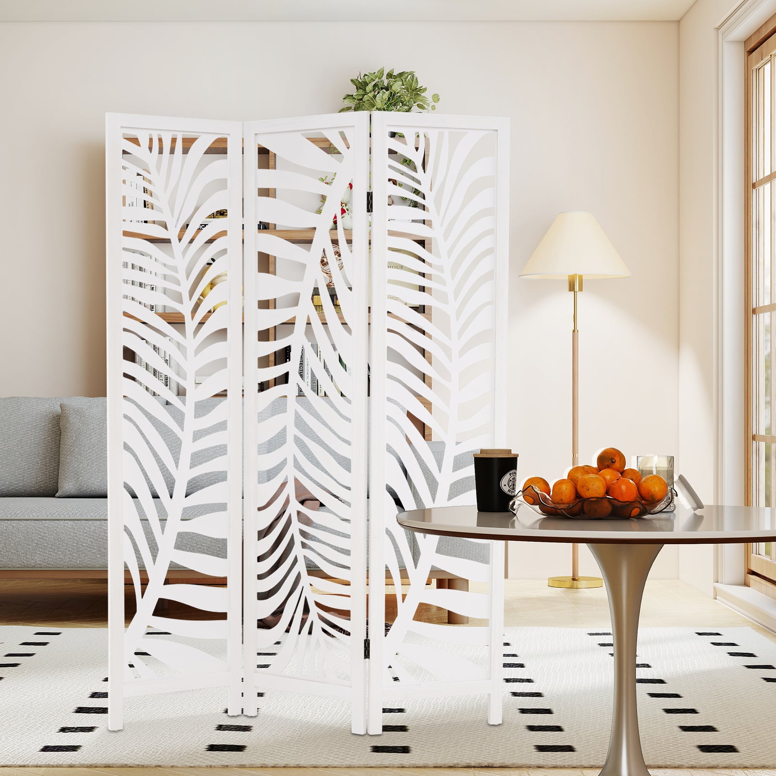 3-Panel Room Divider 170 cm Freestanding Privacy Screen with Natural Paulownia Wood Frame-White