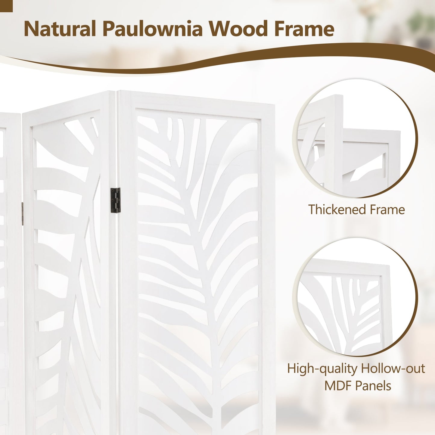 3-Panel Room Divider 170 cm Freestanding Privacy Screen with Natural Paulownia Wood Frame-White