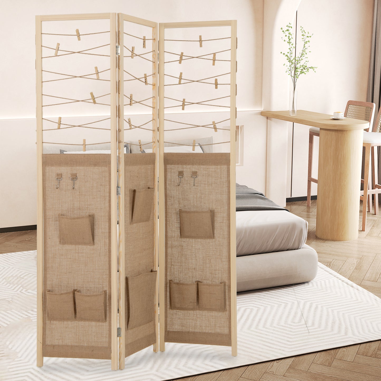 3-Panel Room Divider with 8 Storage Pockets and 4 Hooks-Natural