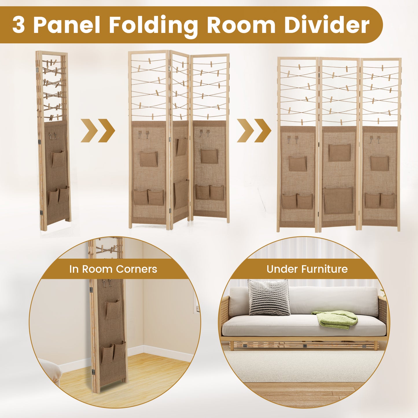 3-Panel Room Divider with 8 Storage Pockets and 4 Hooks-Natural
