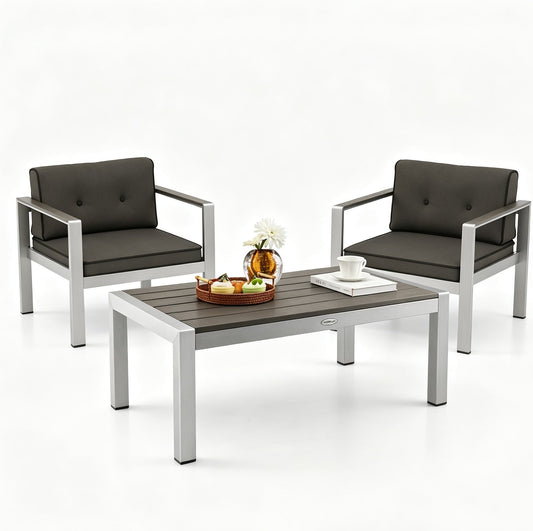 3-Piece Aluminum Patio Set with Cushions for Garden Backyard Poolside-Grey