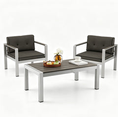 3-Piece Aluminum Patio Set with Cushions for Garden Backyard Poolside-Grey