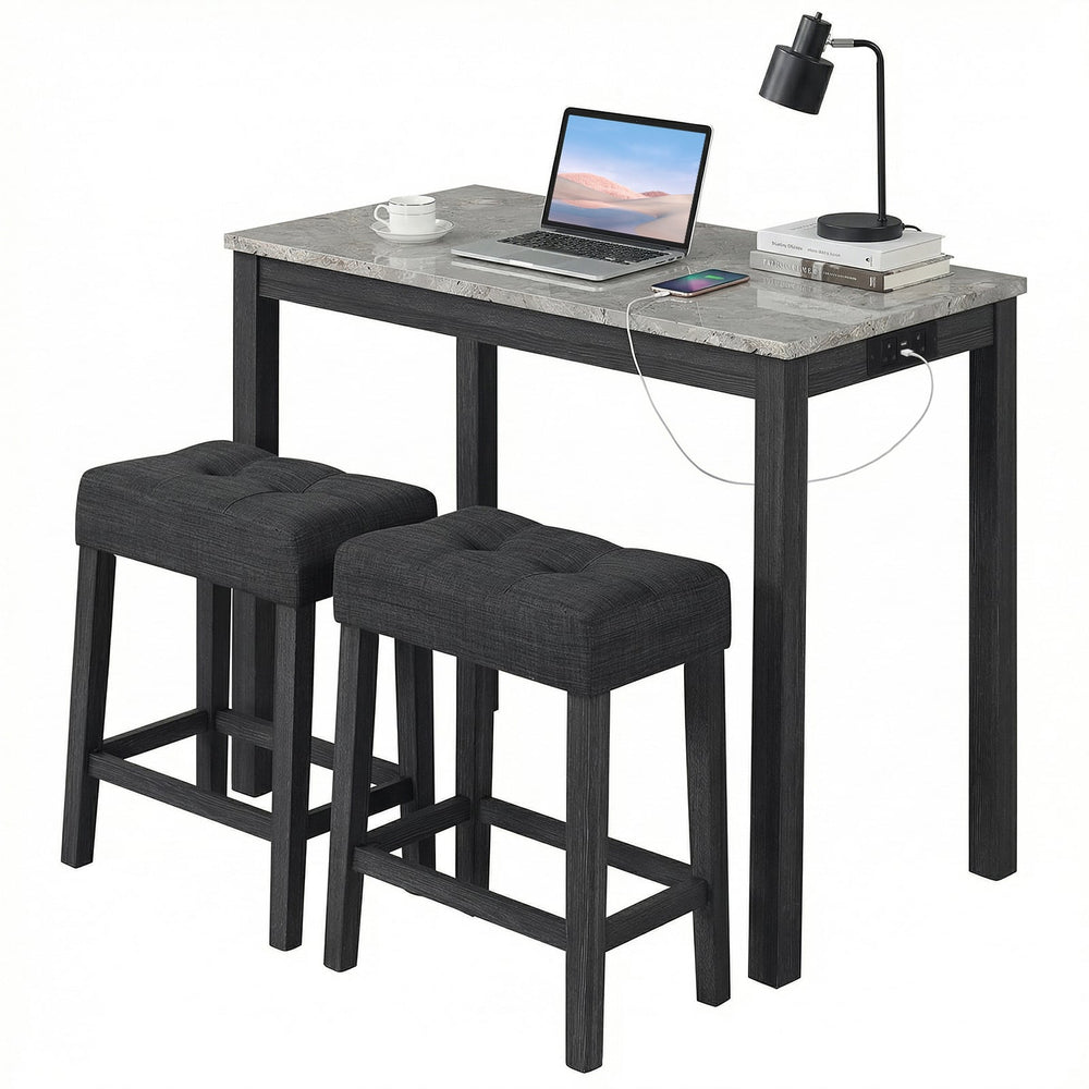 3-Piece Bar Table Set with Charging Station Modern Counter Height Breakfast Table with Faux Marble Top-Grey