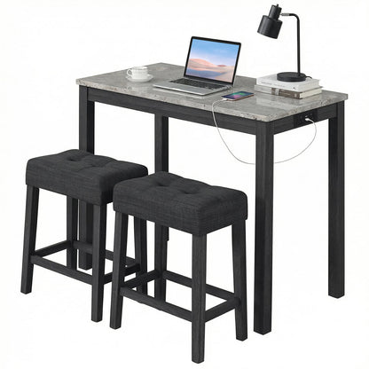 3-Piece Bar Table Set with Charging Station Modern Counter Height Breakfast Table with Faux Marble Top-Grey