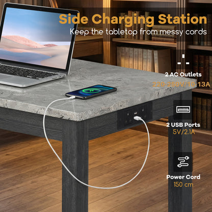 3-Piece Bar Table Set with Charging Station Modern Counter Height Breakfast Table with Faux Marble Top-Grey