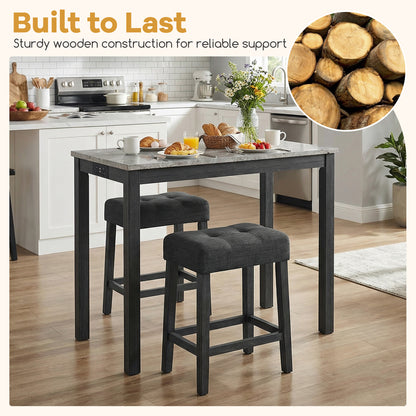 3-Piece Bar Table Set with Charging Station Modern Counter Height Breakfast Table with Faux Marble Top-Grey
