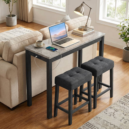 3-Piece Bar Table Set with Charging Station Modern Counter Height Breakfast Table with Faux Marble Top-Grey