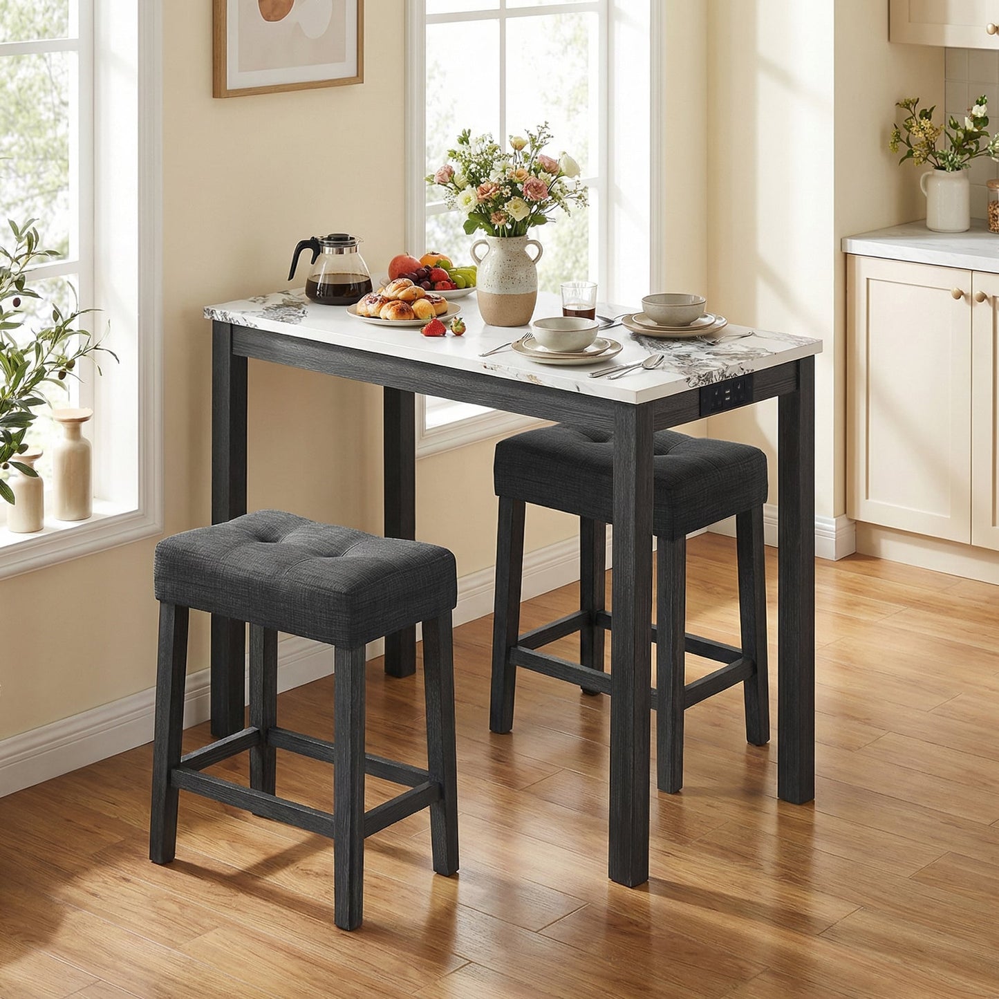 3-Piece Bar Table Set with Charging Station Modern Counter Height Breakfast Table with Faux Marble Top-White