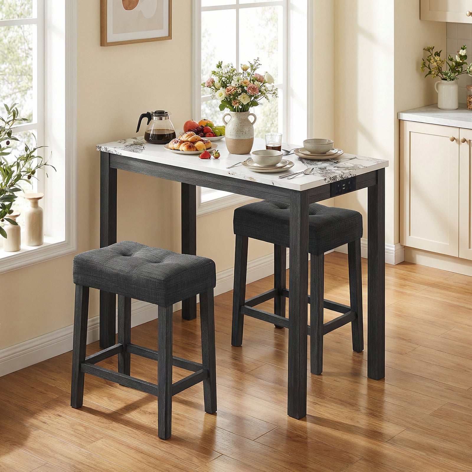 3-Piece Bar Table Set with Charging Station Modern Counter Height Breakfast Table with Faux Marble Top-White