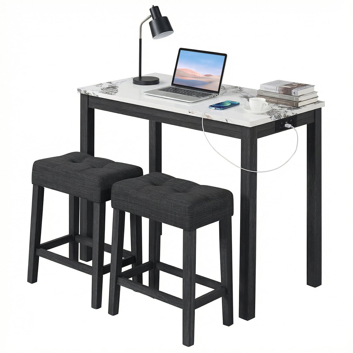 3-Piece Bar Table Set with Charging Station Modern Counter Height Breakfast Table with Faux Marble Top-White