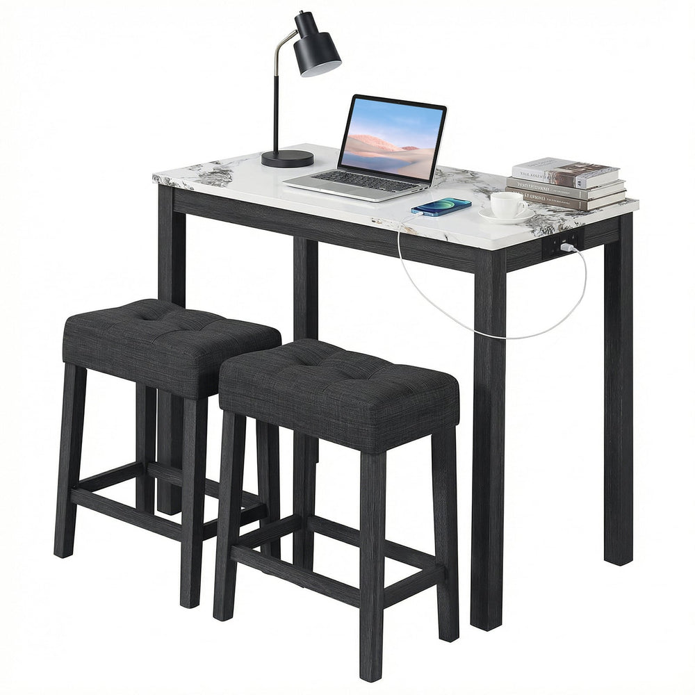 3-Piece Bar Table Set with Charging Station Modern Counter Height Breakfast Table with Faux Marble Top-White