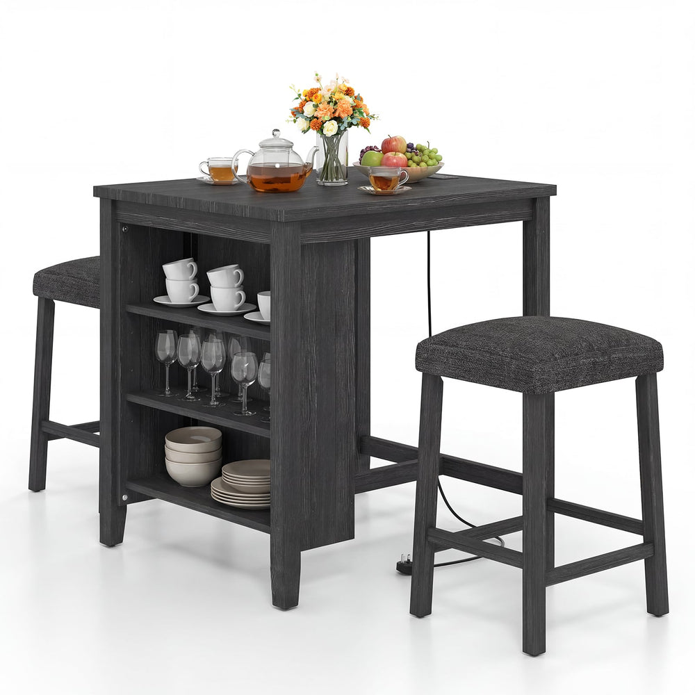 3-Piece Bar Table Set with Power Outlet Counter Height Kitchen Dining Table-Black