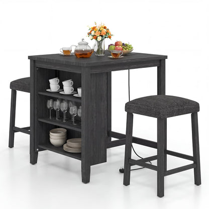 3-Piece Bar Table Set with Power Outlet Counter Height Kitchen Dining Table-Black