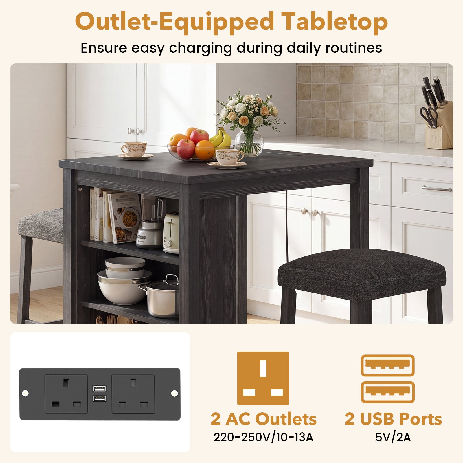 3-Piece Bar Table Set with Power Outlet Counter Height Kitchen Dining Table-Black