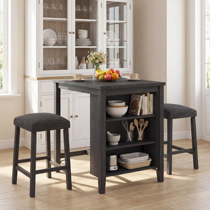 3-Piece Bar Table Set with Power Outlet Counter Height Kitchen Dining Table-Black