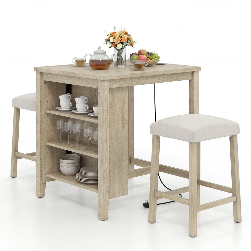 3-Piece Bar Table Set with Power Outlet Counter Height Kitchen Dining Table-Grey