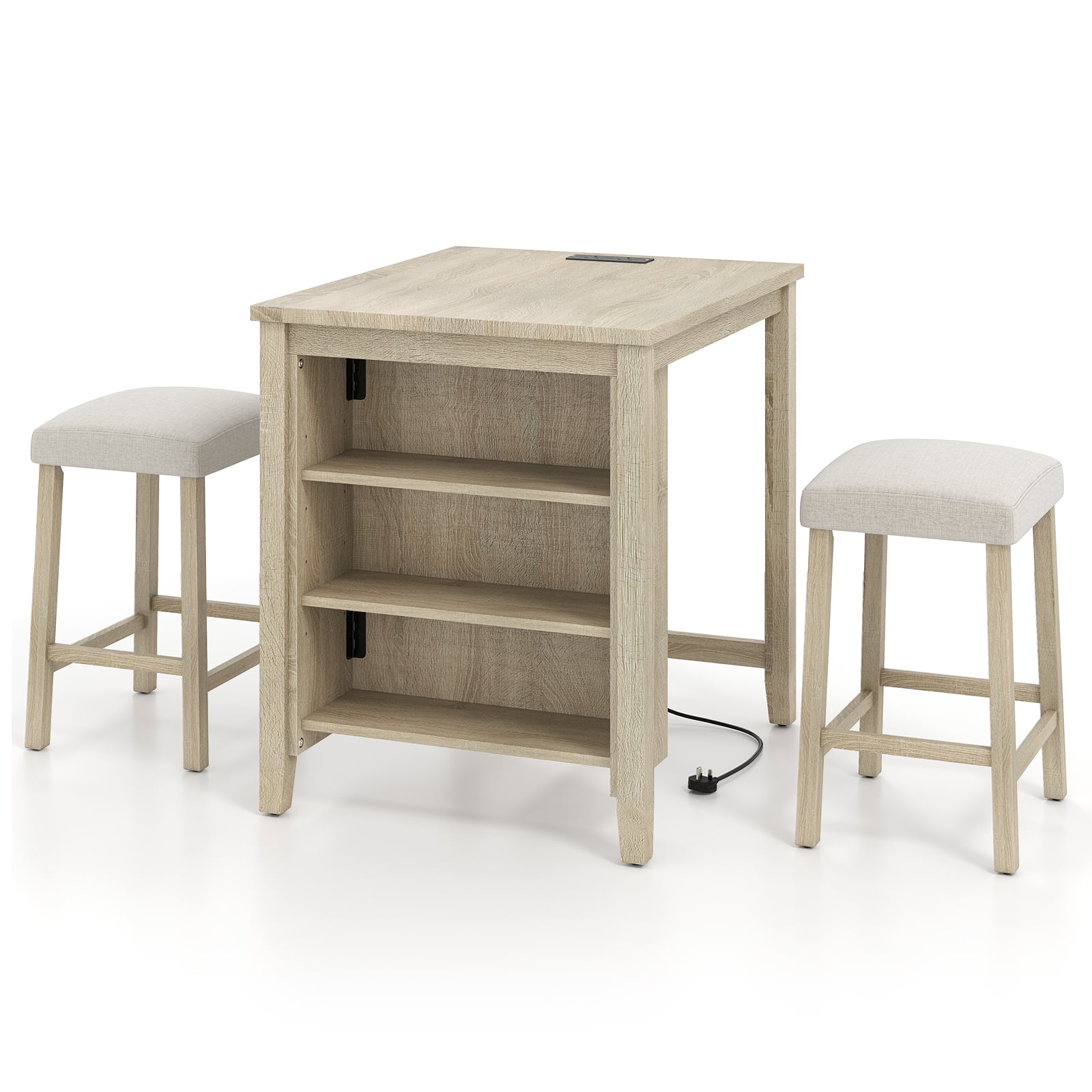 3-Piece Bar Table Set with Power Outlet Counter Height Kitchen Dining Table-Grey