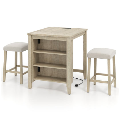 3-Piece Bar Table Set with Power Outlet Counter Height Kitchen Dining Table-Grey