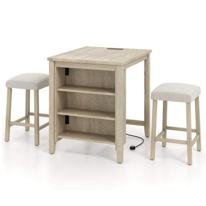3-Piece Bar Table Set with Power Outlet Counter Height Kitchen Dining Table-Grey