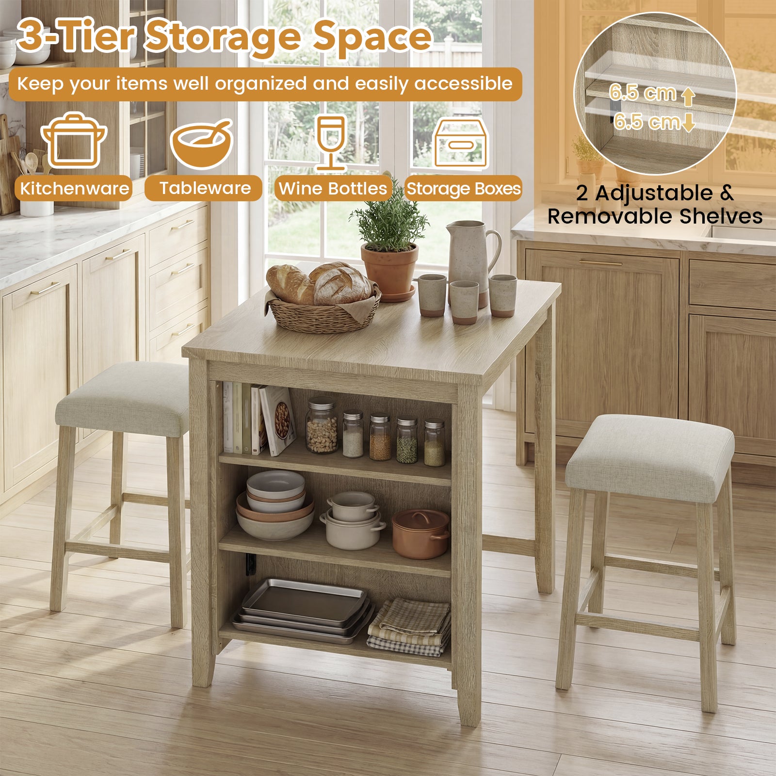 3-Piece Bar Table Set with Power Outlet Counter Height Kitchen Dining Table-Grey