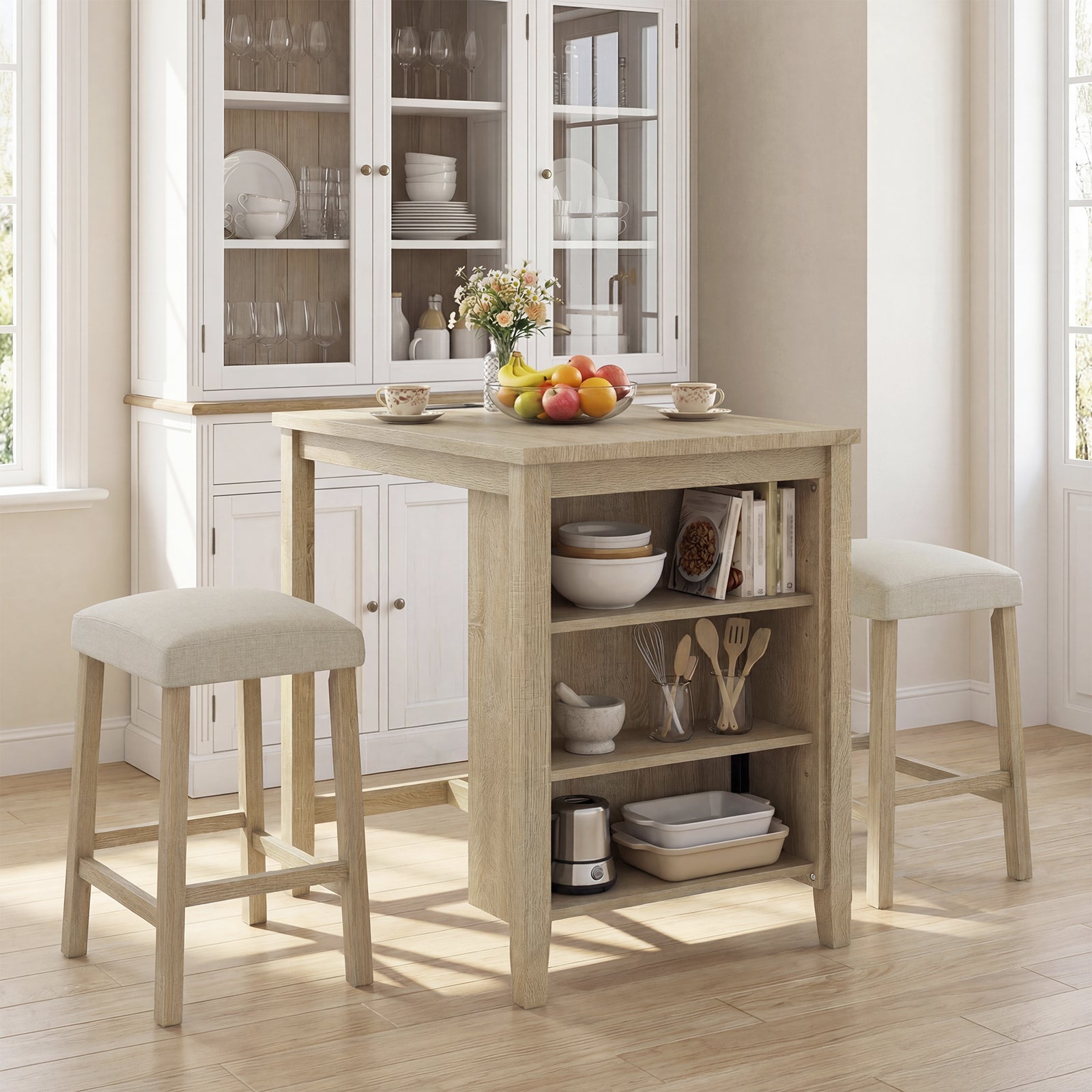 3-Piece Bar Table Set with Power Outlet Counter Height Kitchen Dining Table-Grey