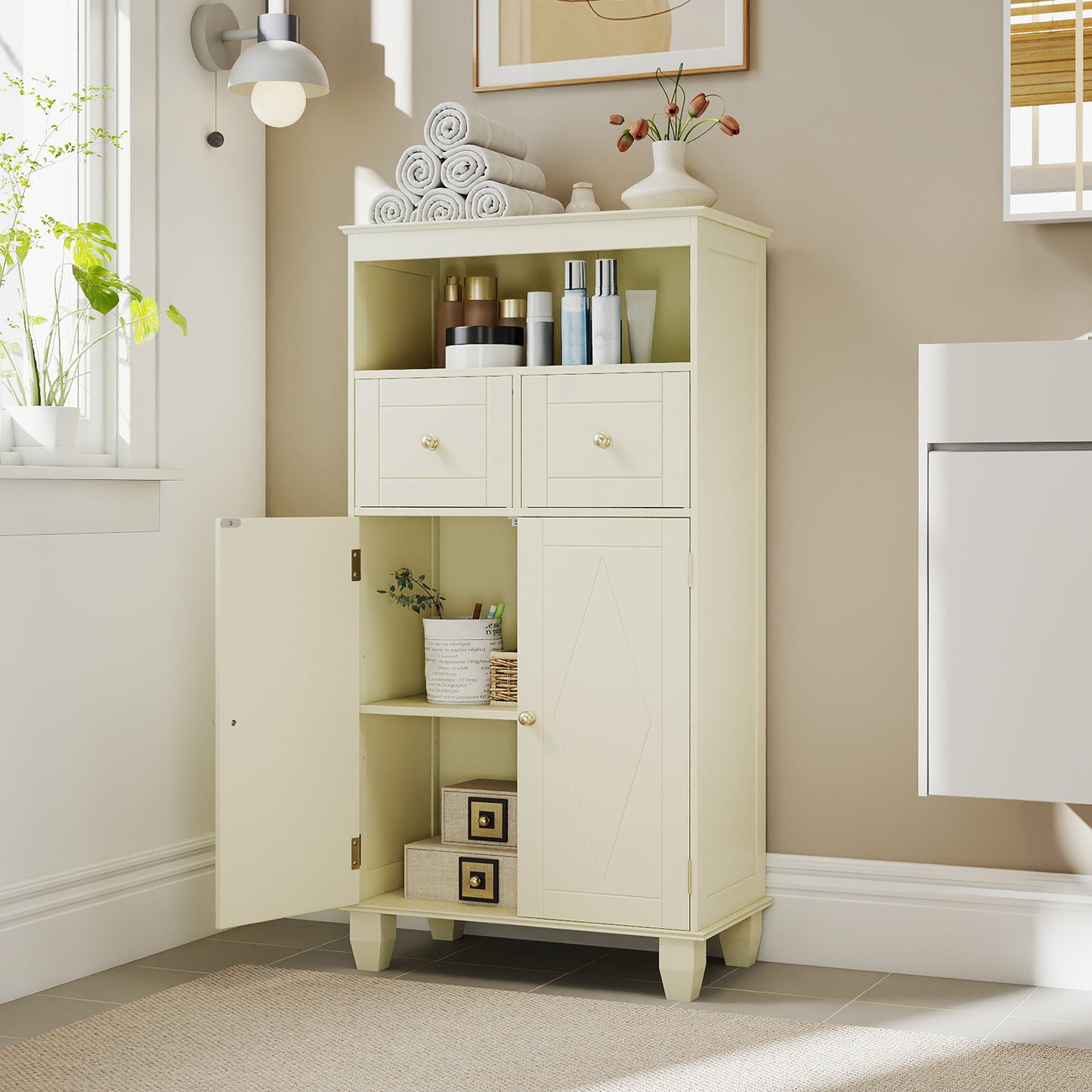 3-Piece Bathroom Cabinet Set with Diamond Pattern, Floor, Tall & Wall Cabinet