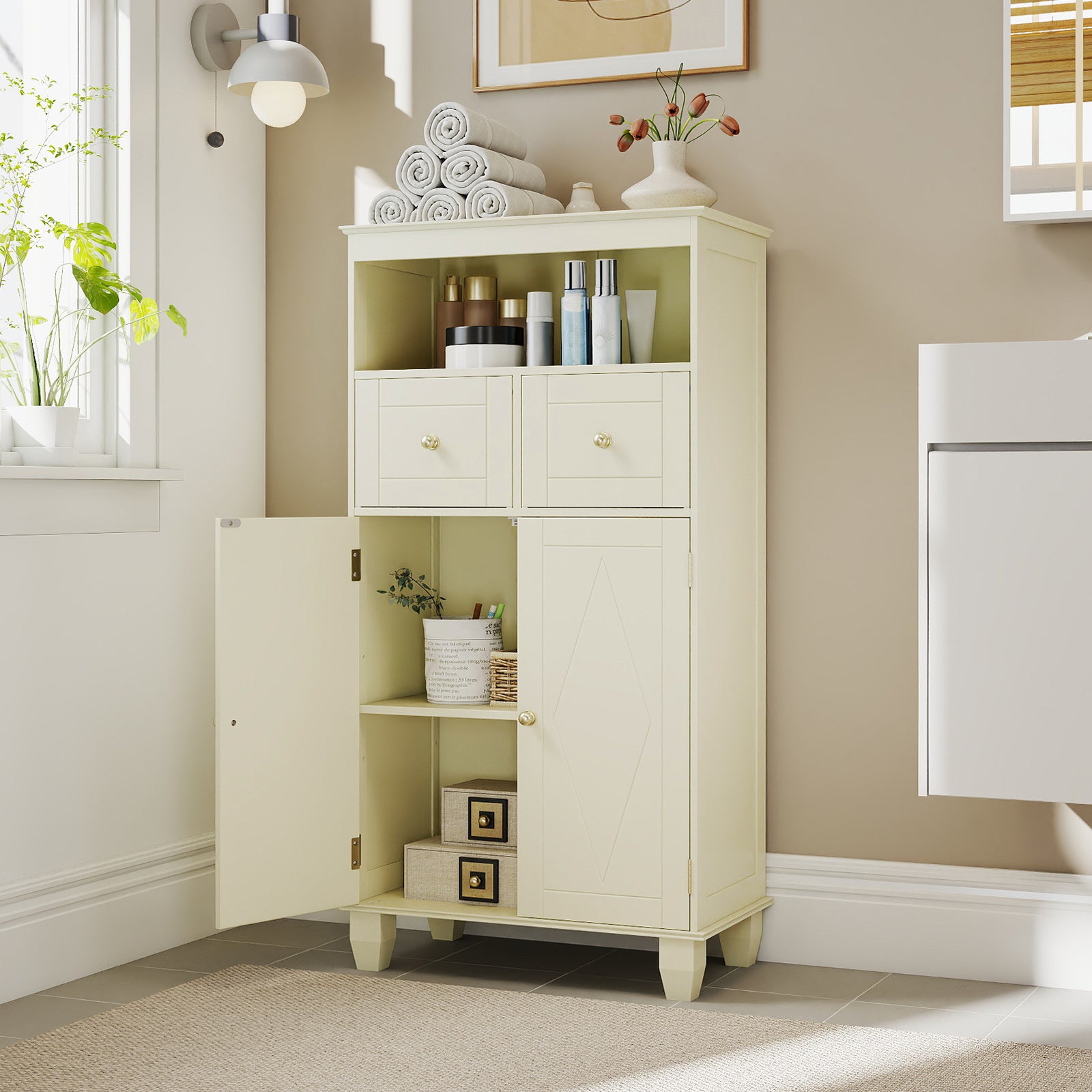 3-Piece Bathroom Cabinet Set with Diamond Pattern, Floor, Tall & Wall Cabinet