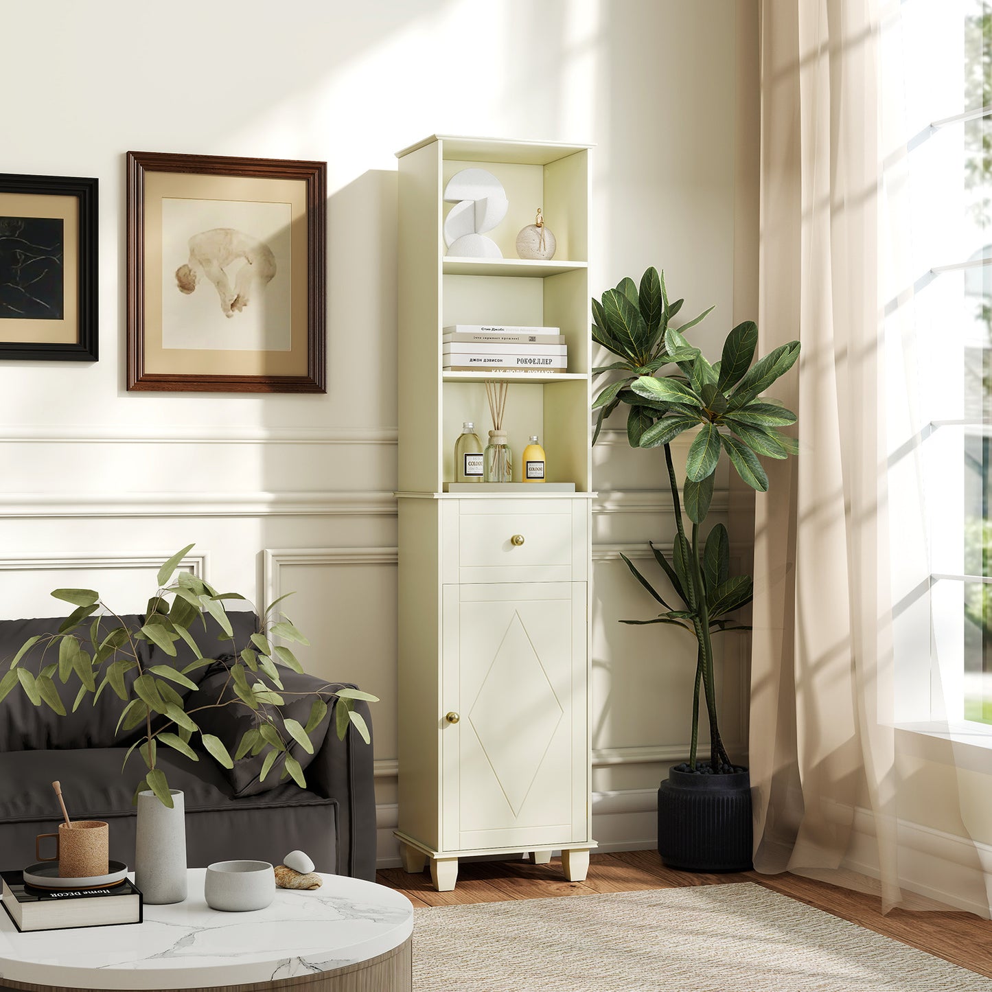 3-Piece Bathroom Cabinet Set with Diamond Pattern, Floor, Tall & Wall Cabinet