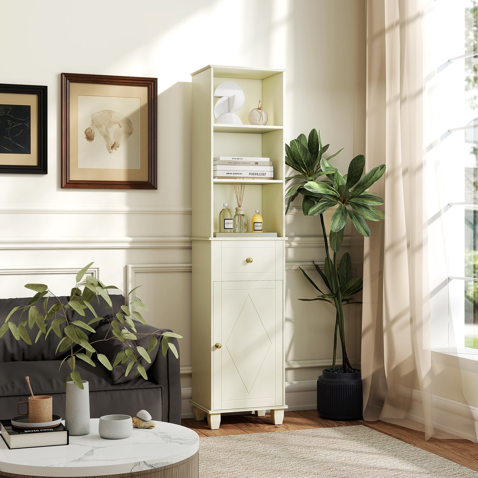 3-Piece Bathroom Cabinet Set with Diamond Pattern, Floor, Tall & Wall Cabinet