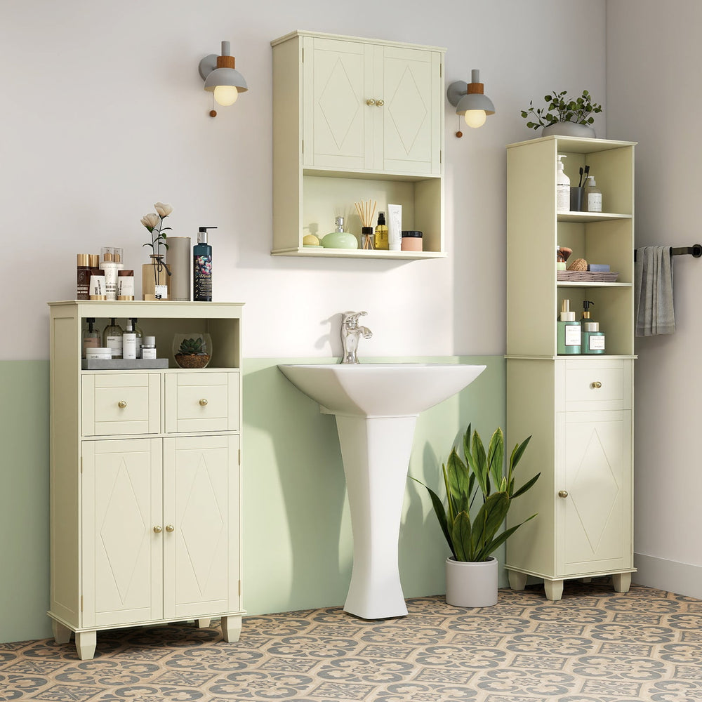 3-Piece Bathroom Cabinet Set with Diamond Pattern, Floor, Tall & Wall Cabinet