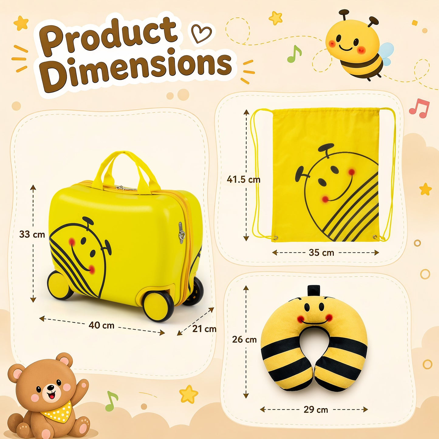 3-Piece Bee Design Kids Bee Design Set with Rucksack & Neck Pillow for Ages 3+-Yellow