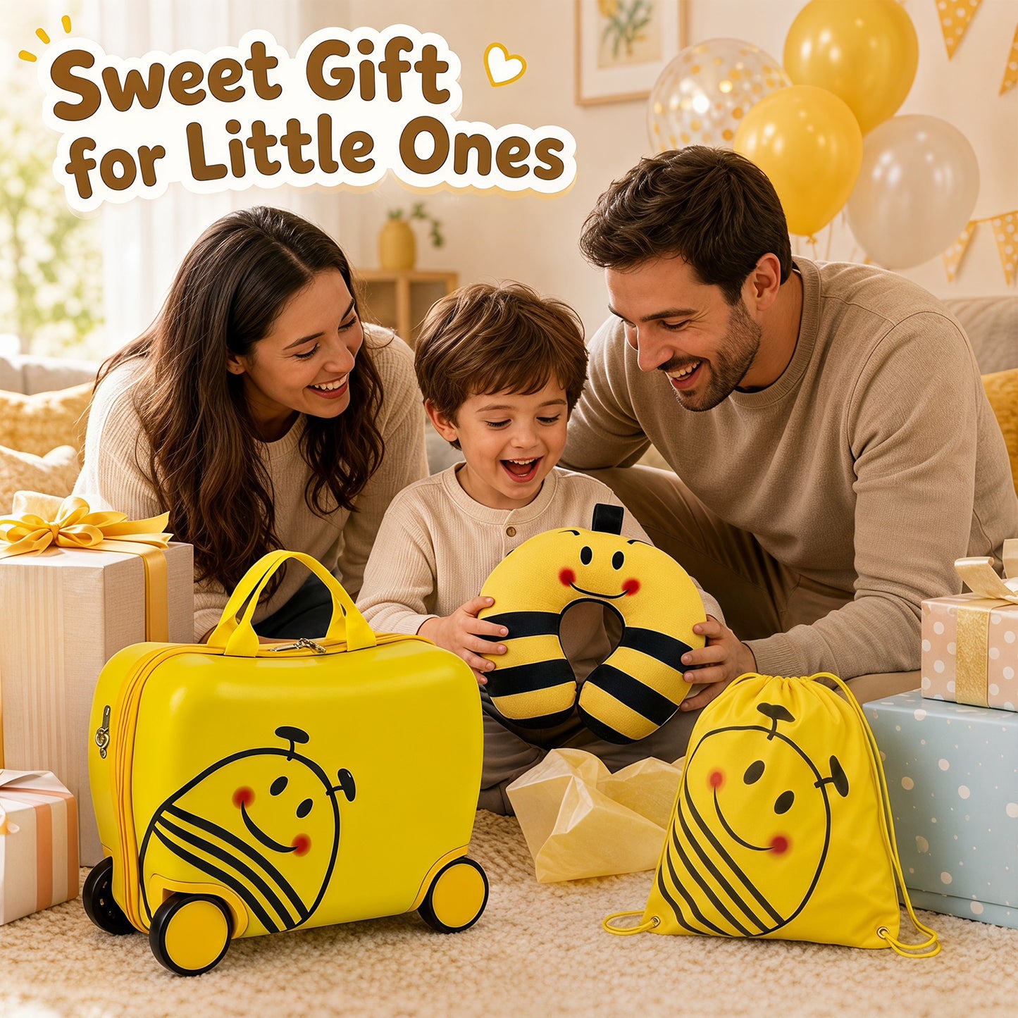 3-Piece Bee Design Kids Bee Design Set with Rucksack & Neck Pillow for Ages 3+-Yellow