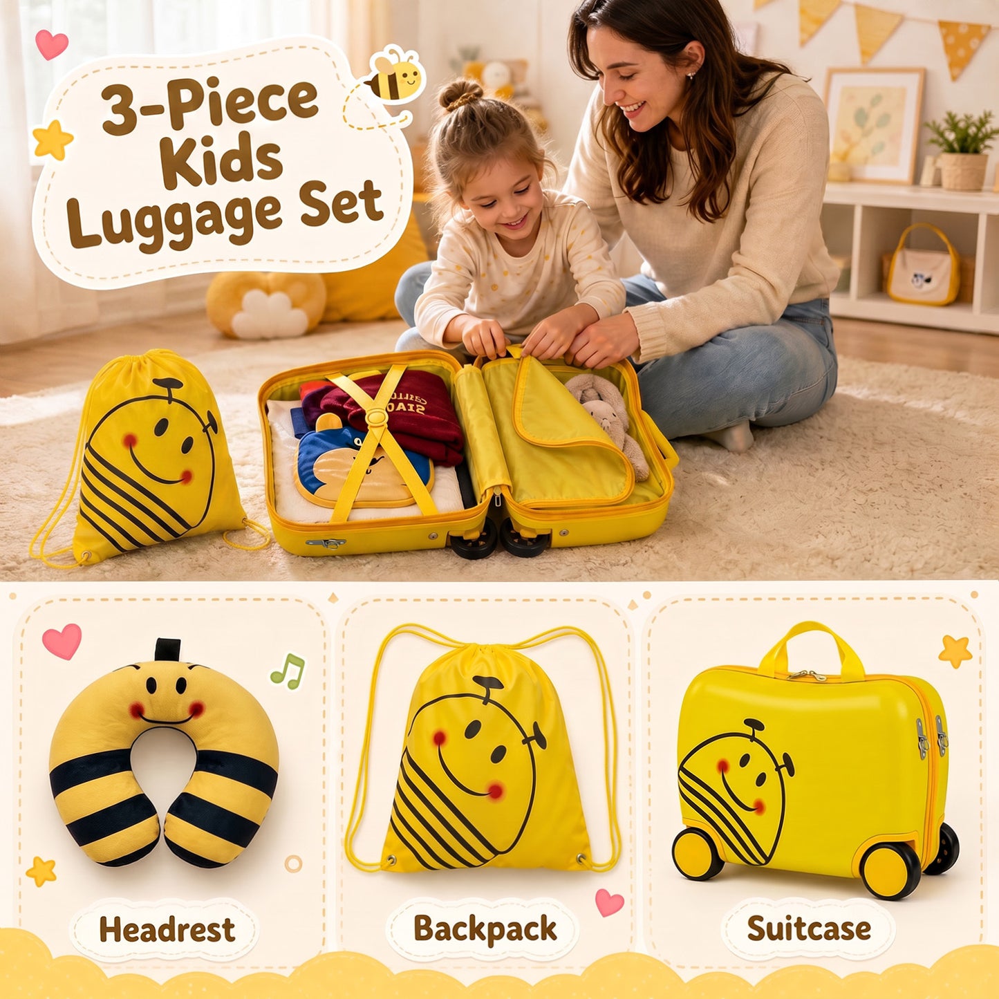 3-Piece Bee Design Kids Bee Design Set with Rucksack & Neck Pillow for Ages 3+-Yellow