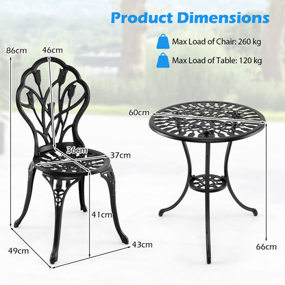 3-Piece Cast Aluminum Bistro Set Patio All-Weather Table and Chairs with Umbrella Hole-Black