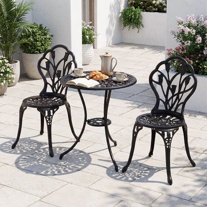 3-Piece Cast Aluminum Bistro Set Patio All-Weather Table and Chairs with Umbrella Hole-Black